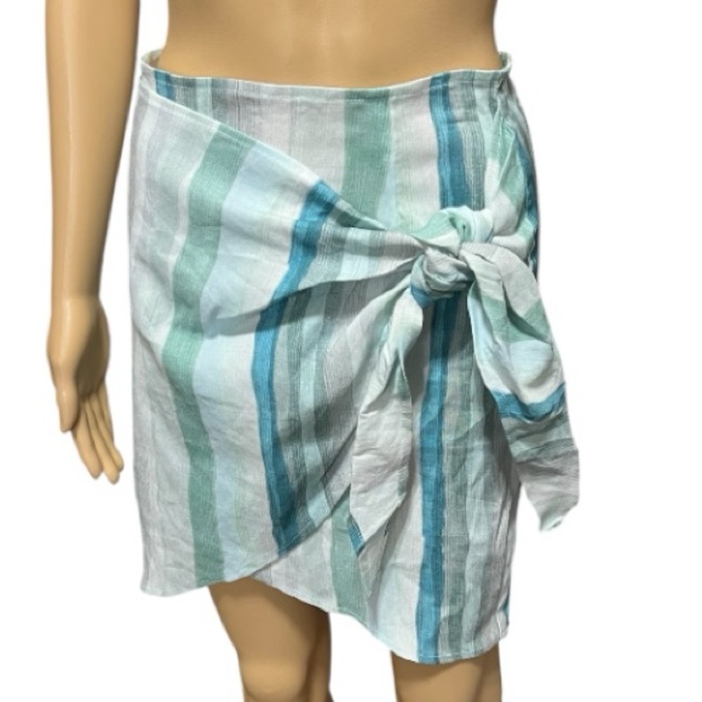 SHORE Linen Blend Faux Wrap Striped Ocean Blue Wrap-Tie Mini Skirt Size M